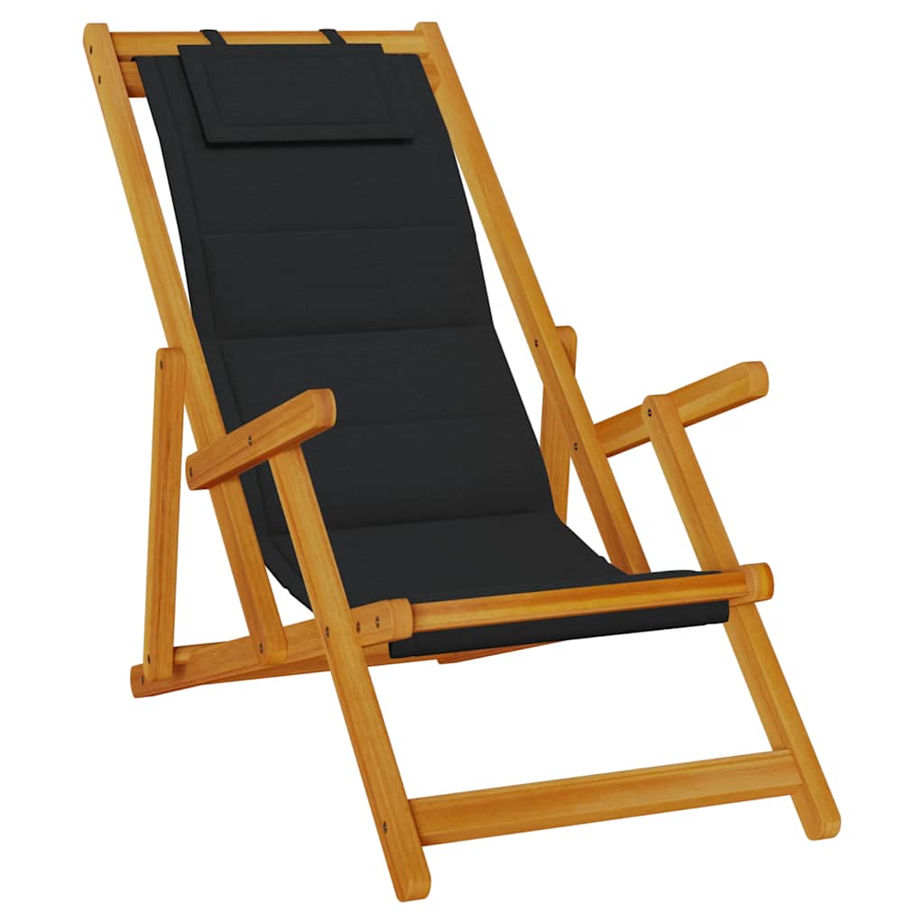 Folding Chair with Armrests Black Acacia Wood & Textilene