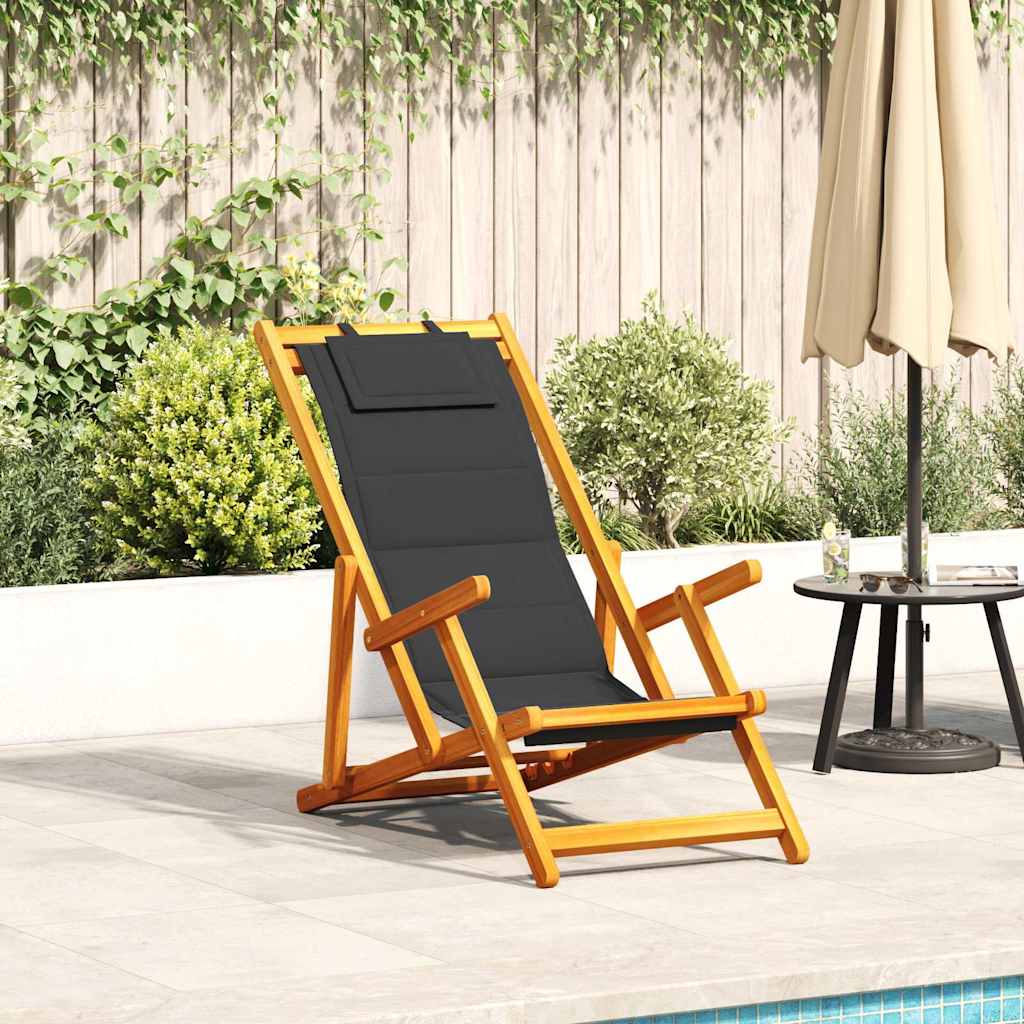 Folding Chair with Armrests Black Acacia Wood & Textilene