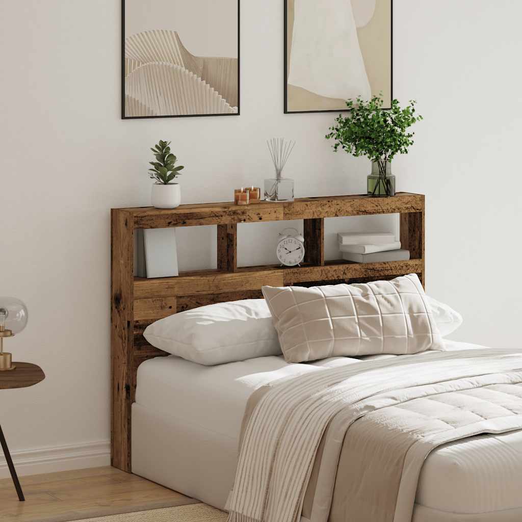 Headboard Cabinet with LED Old Wood 140x17x102 cm