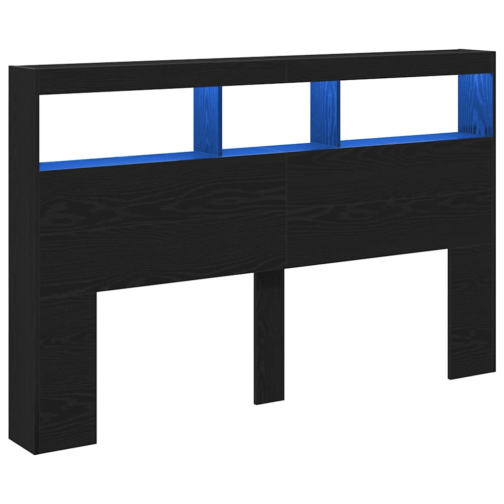Headboard Cabinet with LED Black Oak 160x17x102 cm