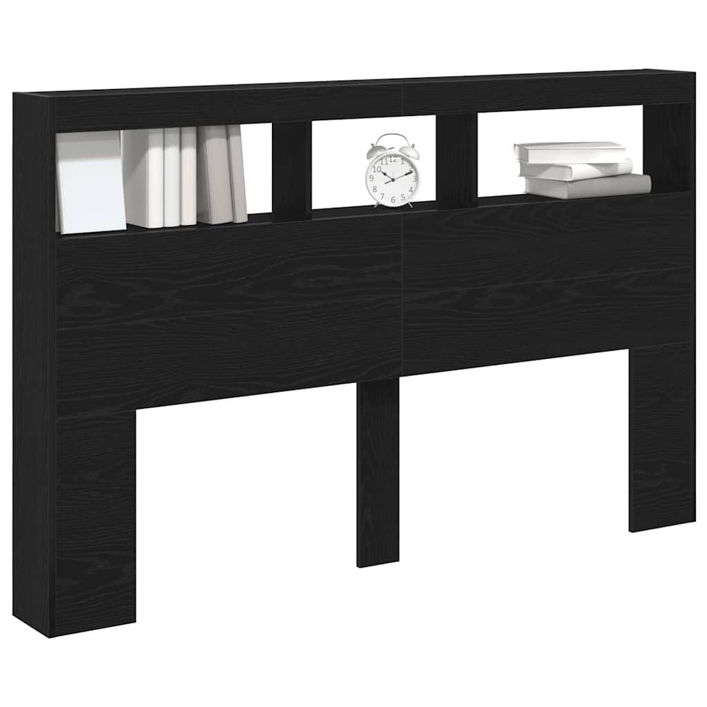 Headboard Cabinet with LED Black Oak 160x17x102 cm