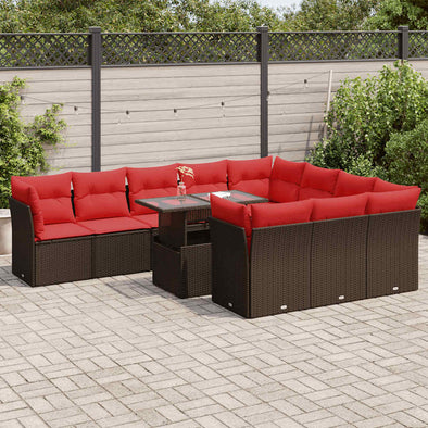 11 Piece Garden Sofa Set with Cushions Brown Poly Rattan Acacia