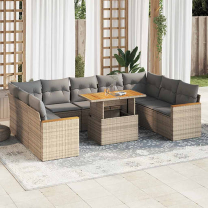 10 Piece Garden Sofa Set with Cushions Beige Poly Rattan Acacia