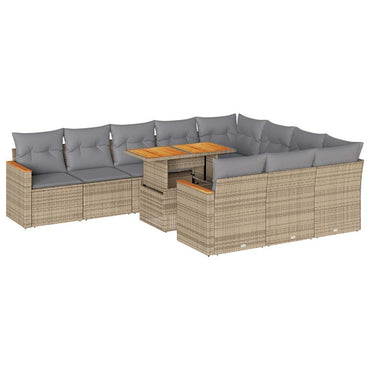 11 Piece Garden Sofa Set with Cushions Beige Poly Rattan Acacia