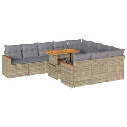 11 Piece Garden Sofa Set with Cushions Beige Poly Rattan Acacia