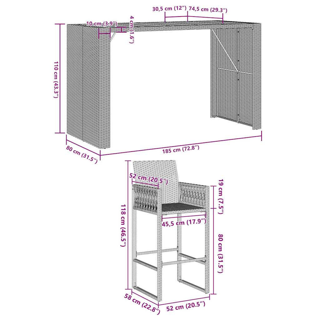 7 Piece Patio Bar Set without Cushions Gray Poly Rattan Acacia