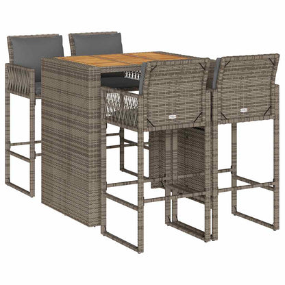 5 Piece Garden Bar Set with Cushions Grey Poly Rattan Acacia