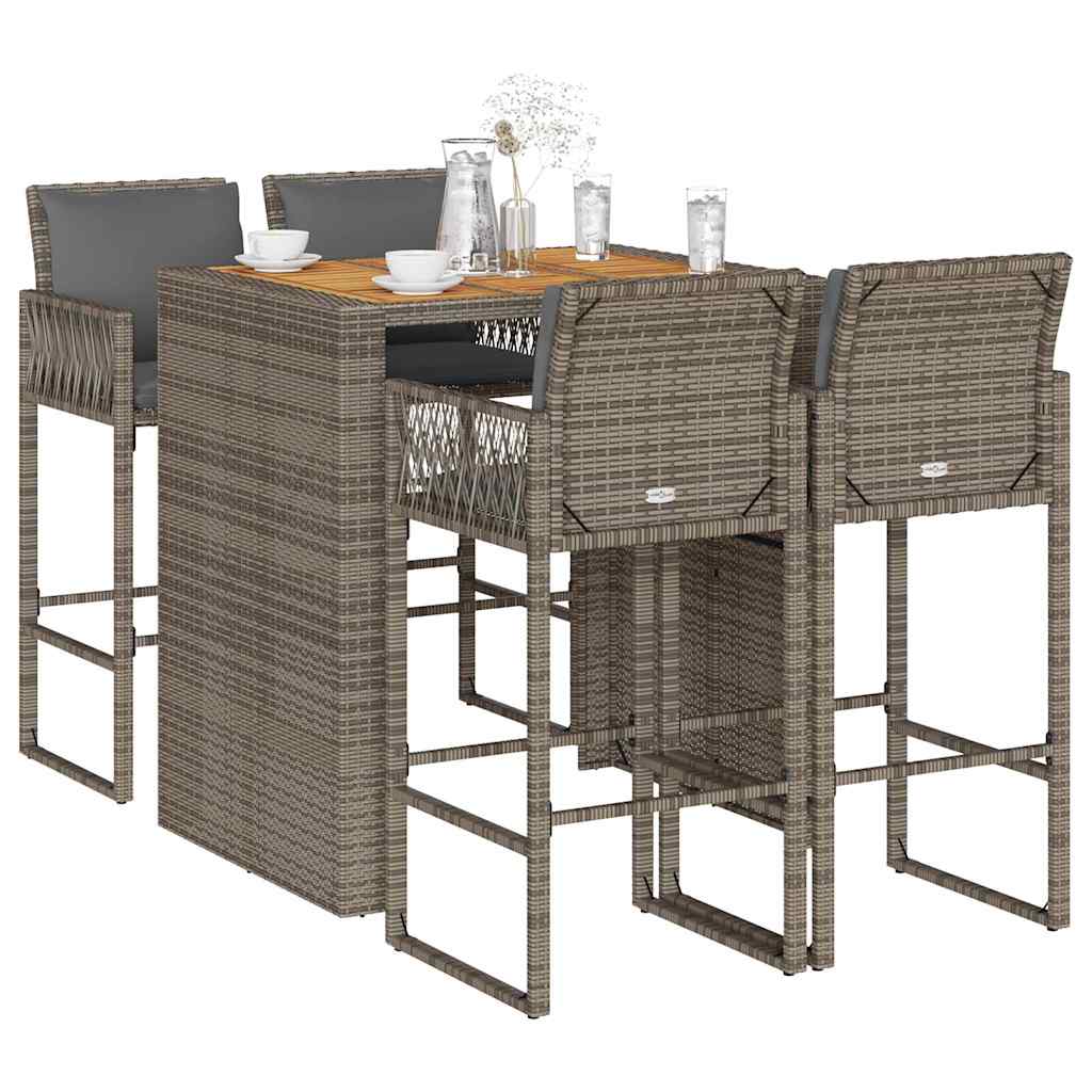 5 Piece Garden Bar Set with Cushions Grey Poly Rattan Acacia