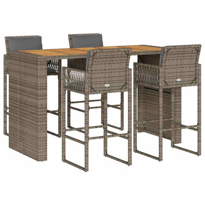 5 Piece Garden Bar Set with Cushions Grey Poly Rattan Acacia