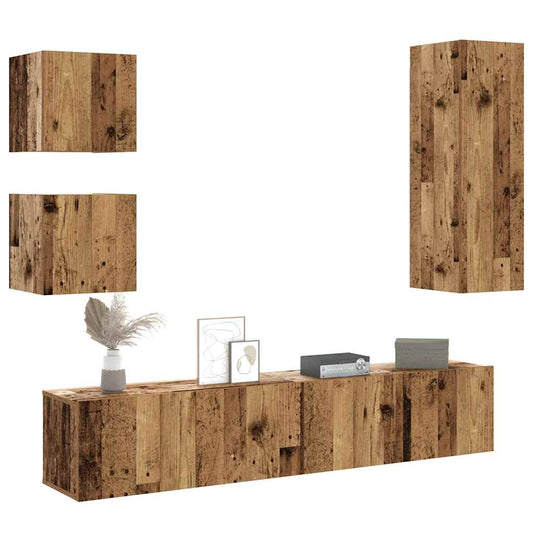 5 Piece TV Cabinet Set Wall-mounted Old Wood Engineered Wood