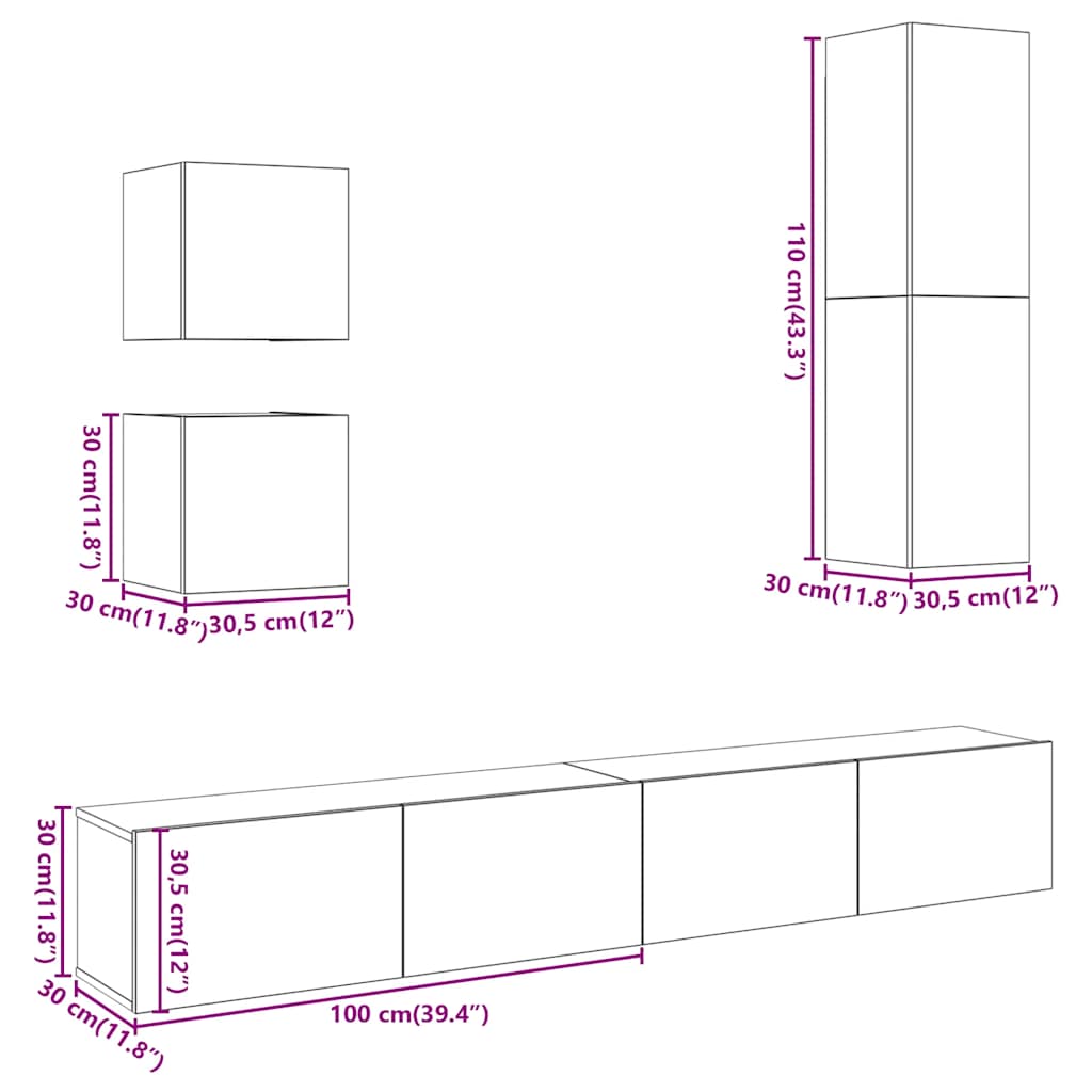 5 Piece TV Cabinet Set Wall-mounted Old Wood Engineered Wood