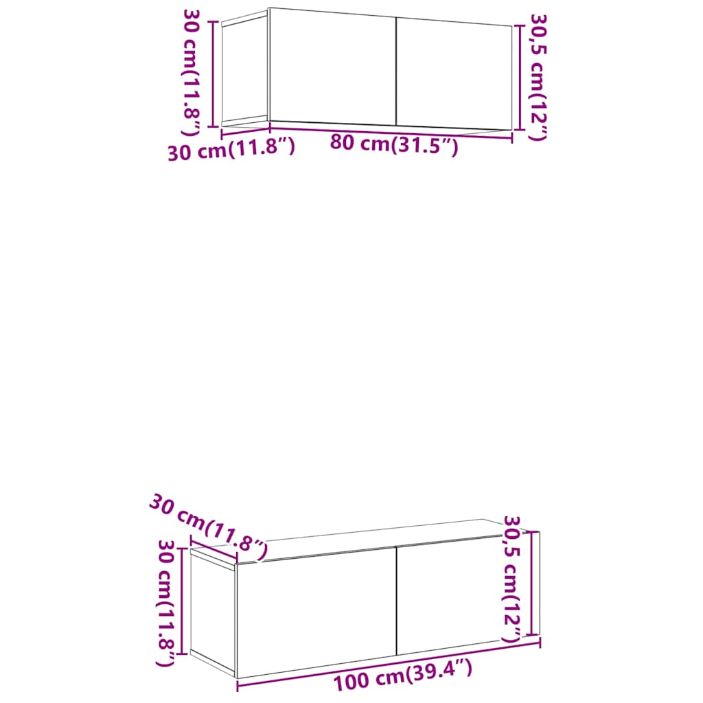 2 Piece TV Cabinet Set Wall-mounted Old Wood Engineered Wood