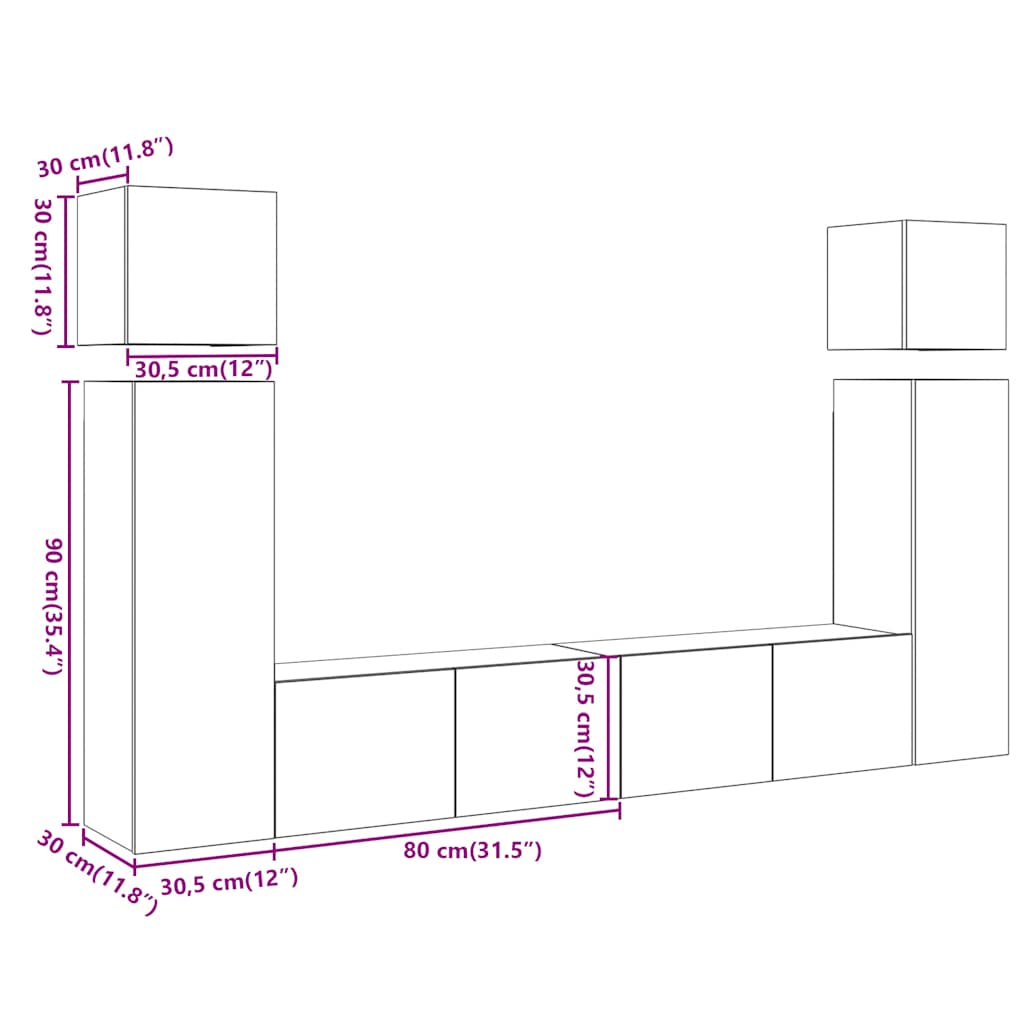 8 Piece TV Cabinet Set Wall-mounted Artisan Oak Engineered Wood