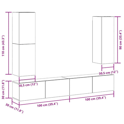 4 Piece TV Cabinet Set Wall-mounted Old Wood Engineered Wood