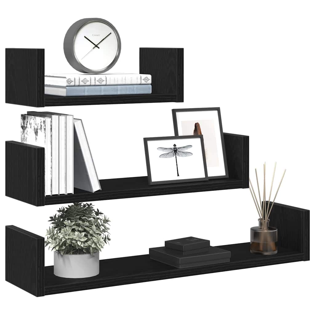 Wall Shelves 3 pcs Black Oak Engineered Wood