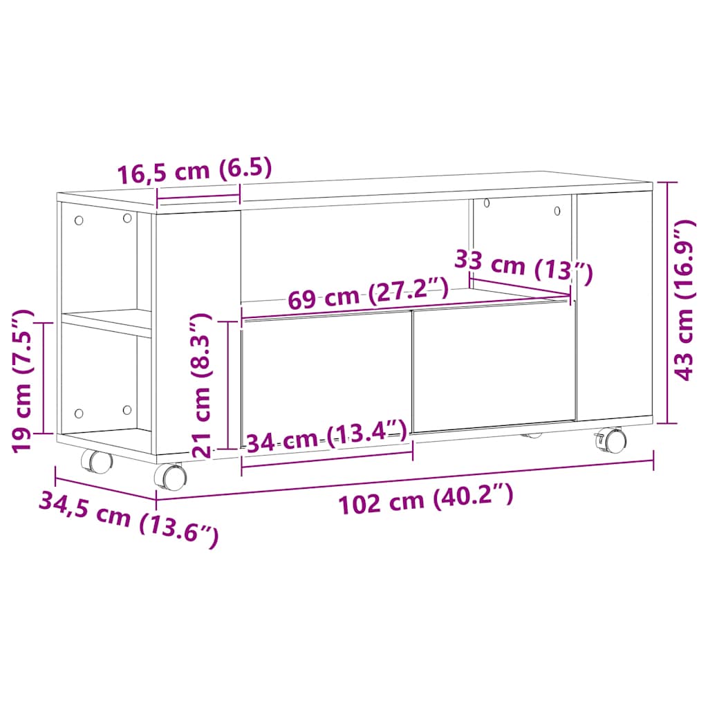TV Cabinet with Wheels Black Oak 102x34.5x43 cm Engineered Wood