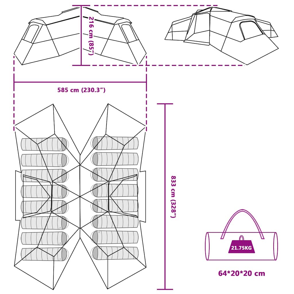 Family Tent with Roof Green 833 x 585 x 216 cm Taffeta