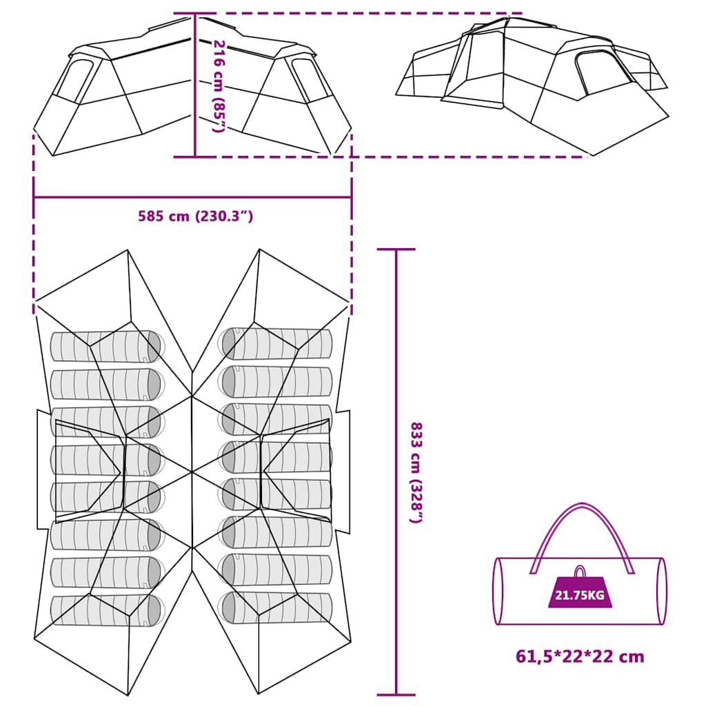 Family Tent with Roof Blue 833 x 585 x 216 cm Taffeta