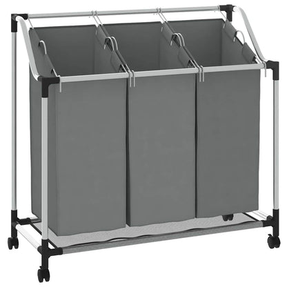 Laundry Basket with Wheels 3 Compartments Grey