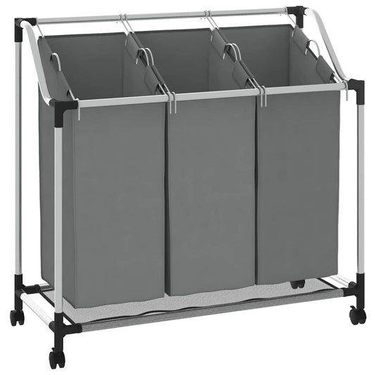 Laundry Basket with Wheels 3 Compartments Grey