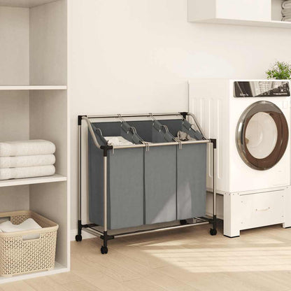 Laundry Basket with Wheels 3 Compartments Grey