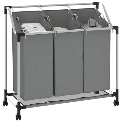 Laundry Basket with Wheels 3 Compartments Grey