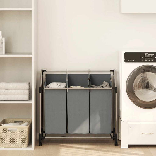 Laundry Basket with Wheels 3 Compartments Grey