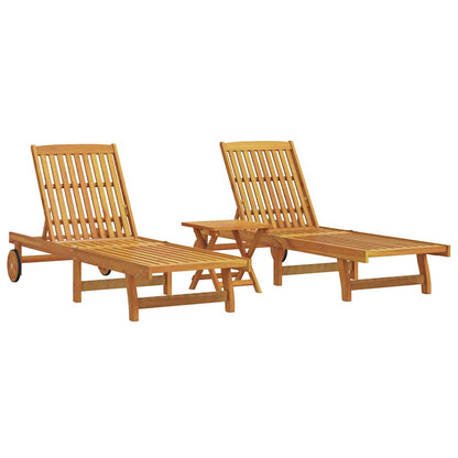Wheeled Sun Loungers 2 pcs with Table Solid Wood Acacia