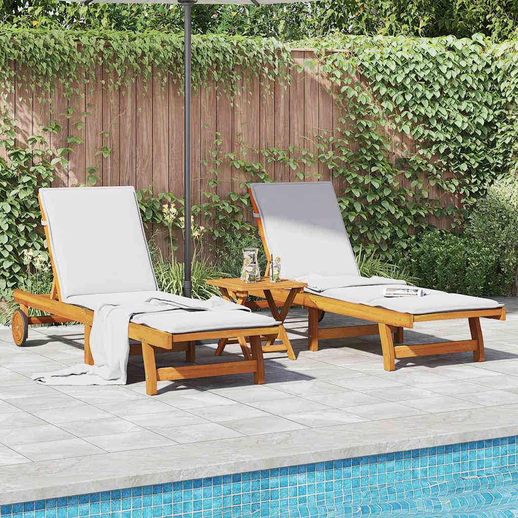 Wheeled Sun Loungers 2 pcs with Table Solid Wood Acacia