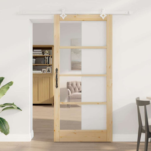 Sliding Door 93 x 202 cm Solid Pine Wood and Glass Natural