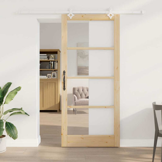 Sliding Door 93 x 211 cm Solid Pine Wood and Glass Natural