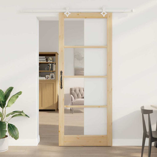 Sliding Door 93 x 232 cm Solid Pine Wood and Glass Natural