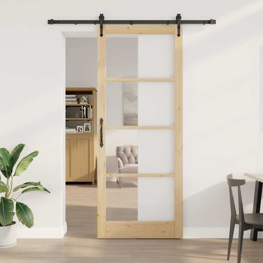 Sliding Door 93 x 232 cm Solid Pine Wood and Glass Natural