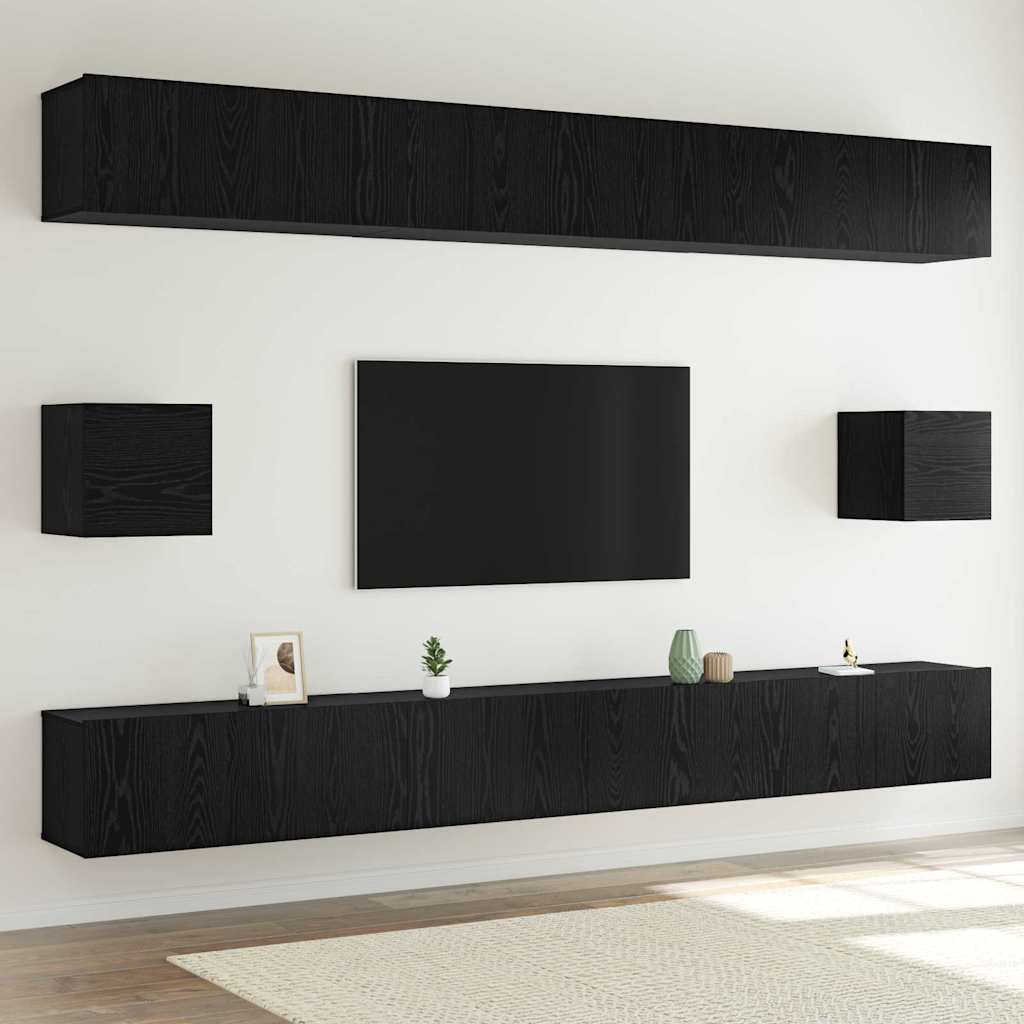TV Cabinet Set Wall-mounted 8 pcs Black Oak Engineered Wood