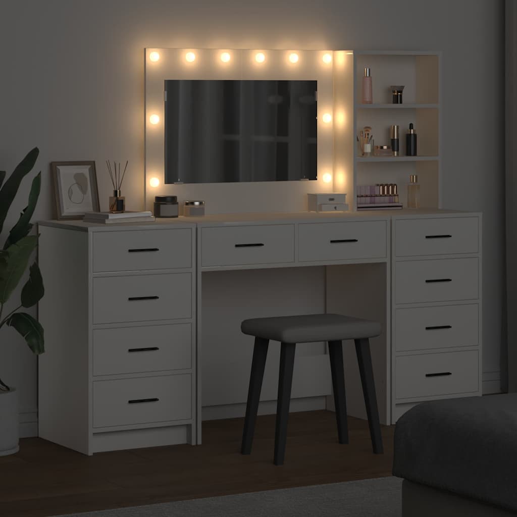 Dressing Table with Mirror Lights 3 pcs White Engineered Wood