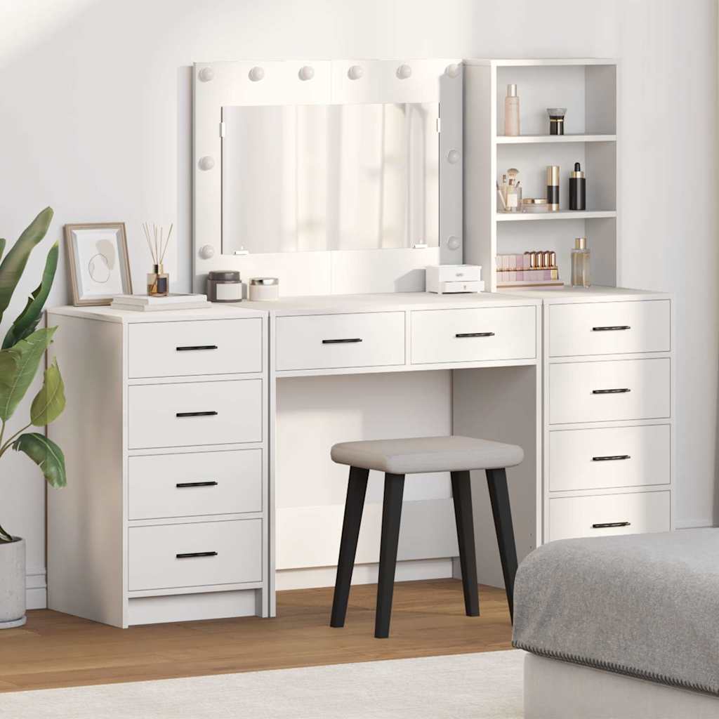 Dressing Table with Mirror Lights 3 pcs White Engineered Wood