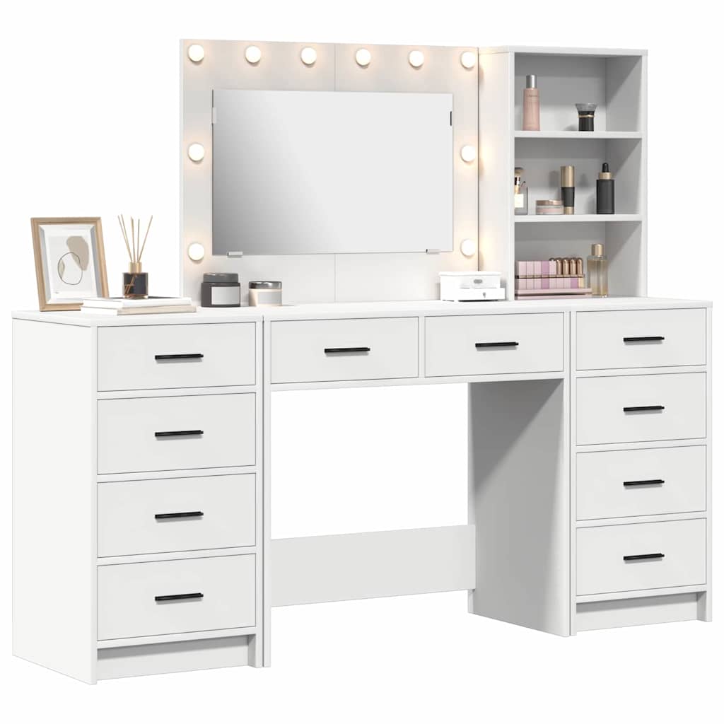 Dressing Table with Mirror Lights 3 pcs White Engineered Wood