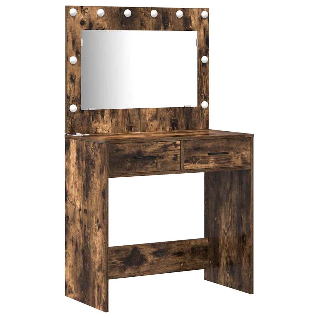 Dressing Table with Mirror Lights 3 pcs Brown Engineered Wood