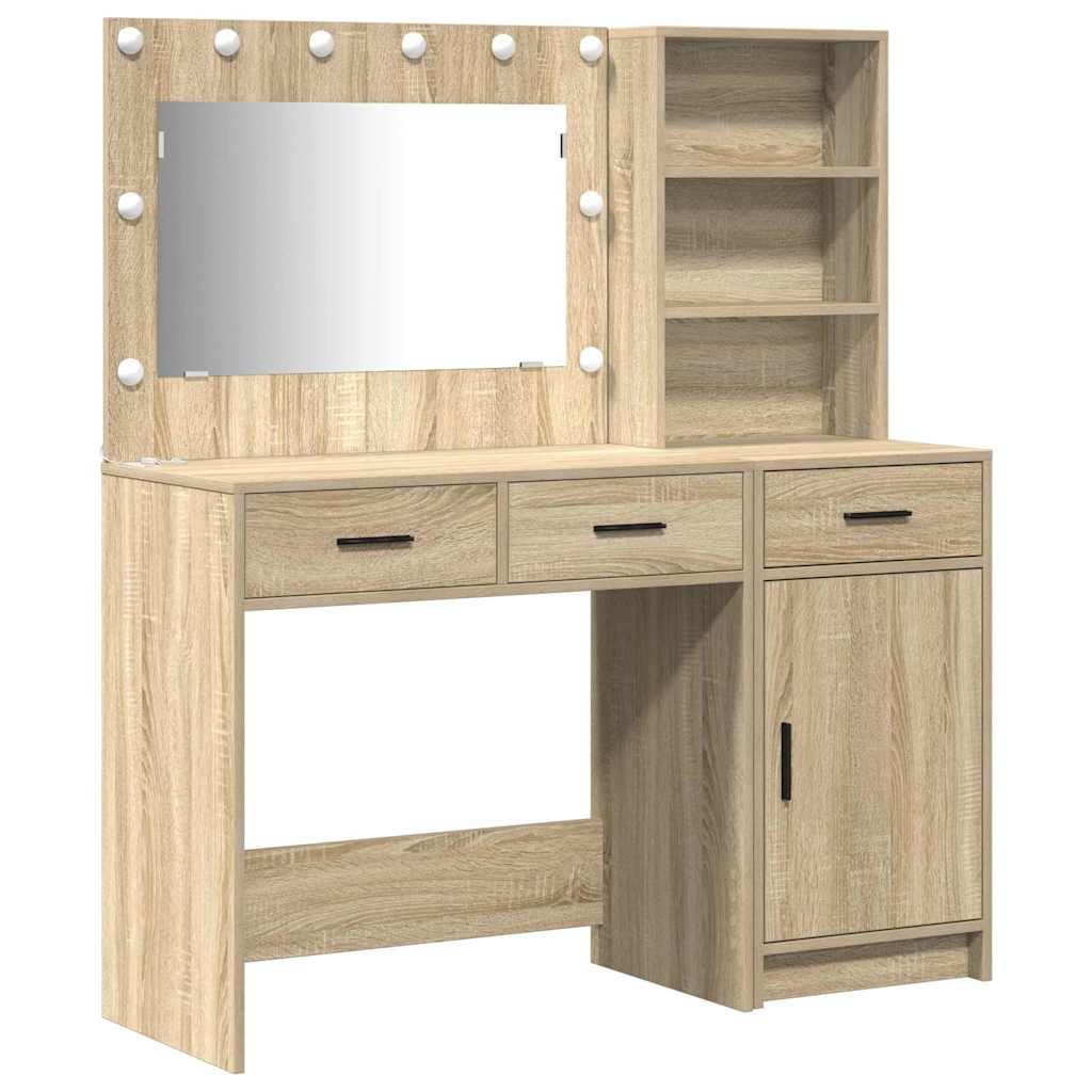 Dressing Table with Mirror Lights 2 pcs Brown Engineered Wood