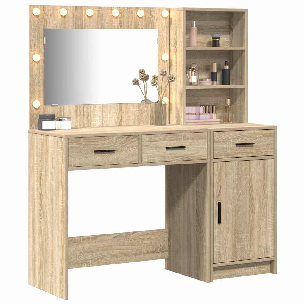 Dressing Table with Mirror Lights 2 pcs Brown Engineered Wood