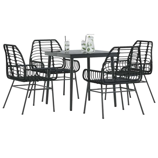 5 Piece Garden Dining Set Black Poly Rattan Glass