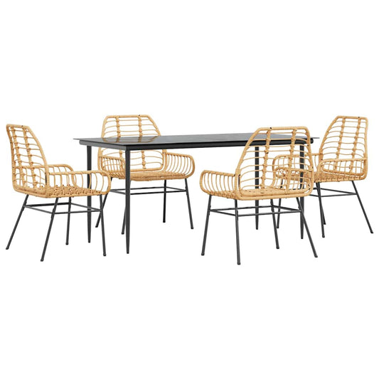 5 Piece Garden Dining Set Brown Poly Rattan Glass