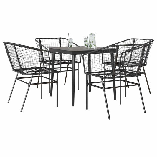 5 Piece Garden Dining Set Black Poly Rattan Glass