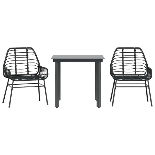 3 Piece Garden Dining Set Black Poly Rattan Glass