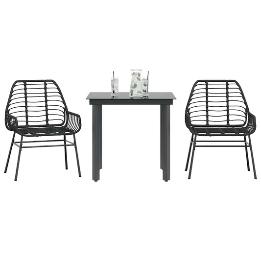 3 Piece Garden Dining Set Black Poly Rattan Glass