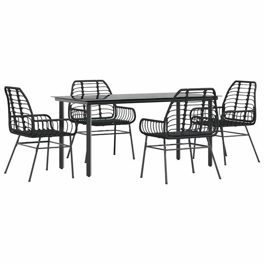 5 Piece Garden Dining Set Black Poly Rattan Glass