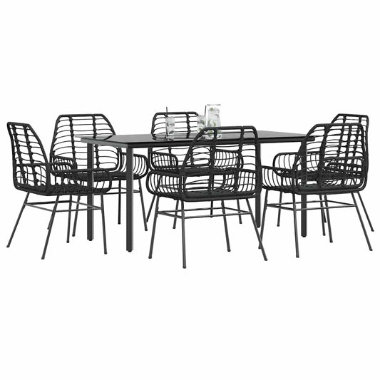 7 Piece Garden Dining Set Black Poly Rattan Glass