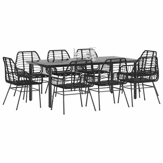 9 Piece Garden Dining Set Black Poly Rattan Glass