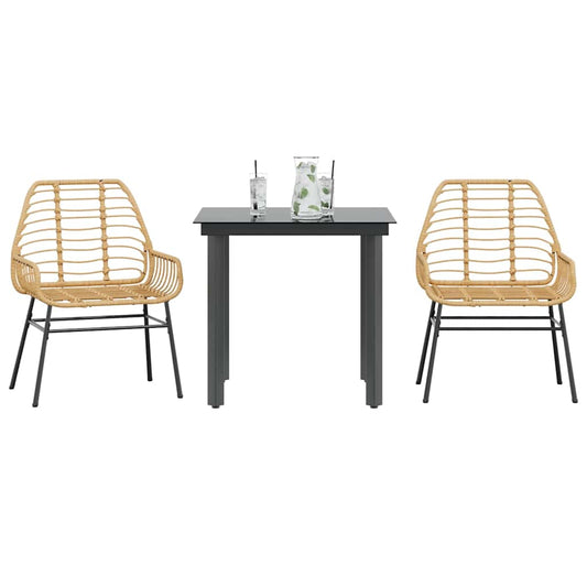 3 Piece Garden Dining Set Brown Poly Rattan Glass