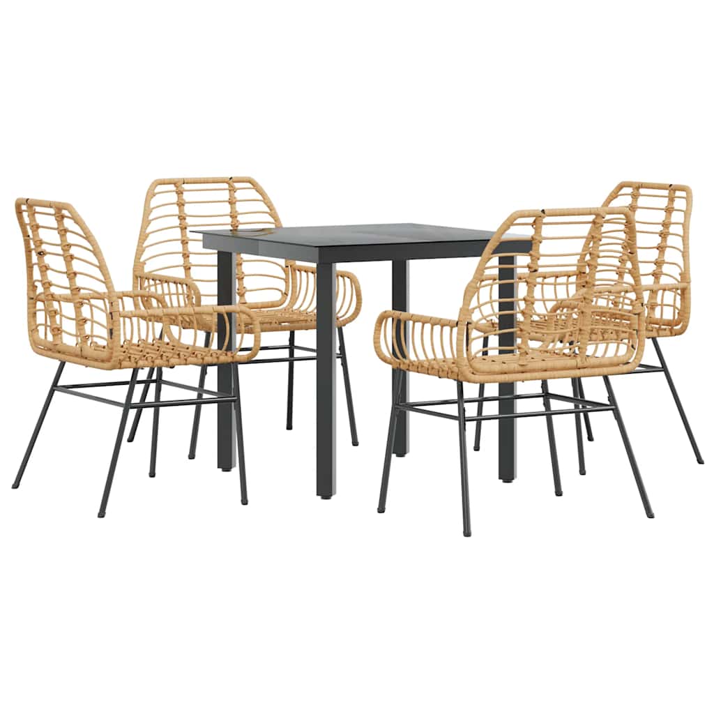 5 Piece Garden Dining Set Brown Poly Rattan Glass